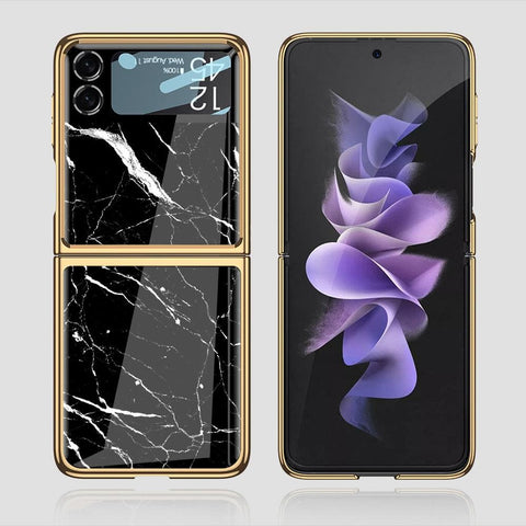 Samsung Galaxy Z Flip 3 5G Cover - Black Marble Series - Premium Electroplated Infinity Ultra Shine Glass Soft Silicon Borders Case