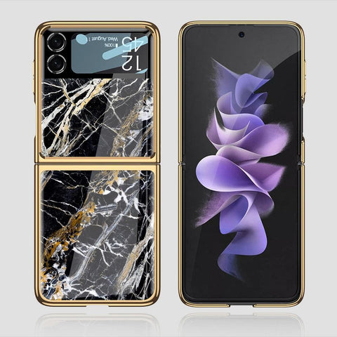 Samsung Galaxy Z Flip 3 5G Cover - Black Marble Series - Premium Electroplated Infinity Ultra Shine Glass Soft Silicon Borders Case
