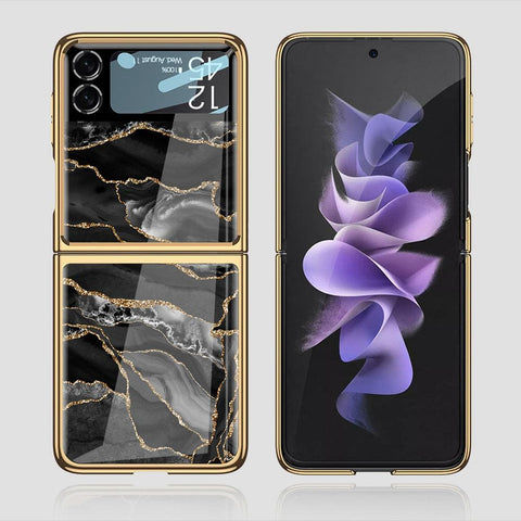 Samsung Galaxy Z Flip 3 5G Cover - Black Marble Series - Premium Electroplated Infinity Ultra Shine Glass Soft Silicon Borders Case