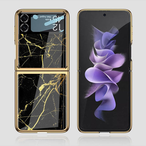 Samsung Galaxy Z Flip 3 5G Cover - Black Marble Series - Premium Electroplated Infinity Ultra Shine Glass Soft Silicon Borders Case