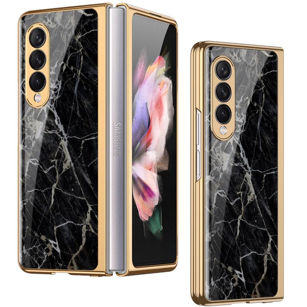 Samsung Galaxy Z Fold 3 5G Cover - Black Marble Series - Premium Electroplated Infinity Ultra Shine Glass Soft Silicon Borders Case