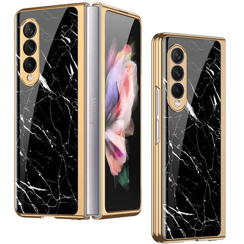 Samsung Galaxy Z Fold 3 5G Cover - Black Marble Series - Premium Electroplated Infinity Ultra Shine Glass Soft Silicon Borders Case