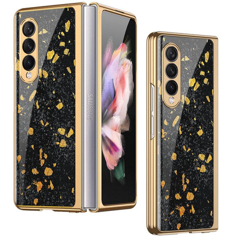 Samsung Galaxy Z Fold 3 5G Cover - Black Marble Series - Premium Electroplated Infinity Ultra Shine Glass Soft Silicon Borders Case
