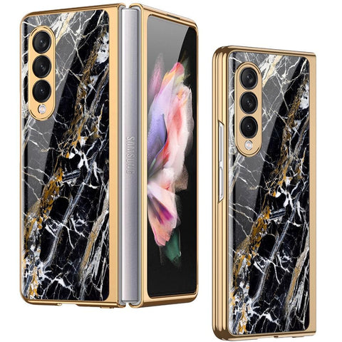 Samsung Galaxy Z Fold 3 5G Cover - Black Marble Series - Premium Electroplated Infinity Ultra Shine Glass Soft Silicon Borders Case