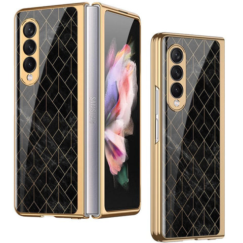 Samsung Galaxy Z Fold 3 5G Cover - Black Marble Series - Premium Electroplated Infinity Ultra Shine Glass Soft Silicon Borders Case