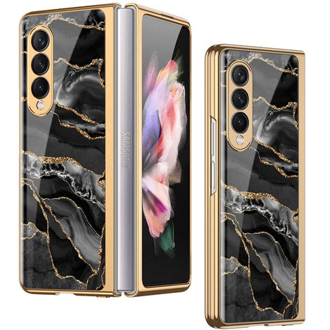 Samsung Galaxy Z Fold 3 5G Cover - Black Marble Series - Premium Electroplated Infinity Ultra Shine Glass Soft Silicon Borders Case