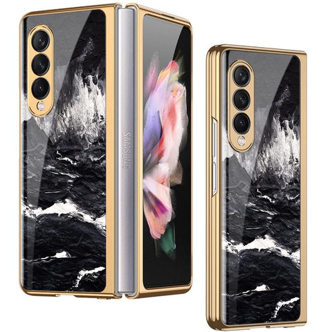 Samsung Galaxy Z Fold 3 5G Cover - Black Marble Series - Premium Electroplated Infinity Ultra Shine Glass Soft Silicon Borders Case