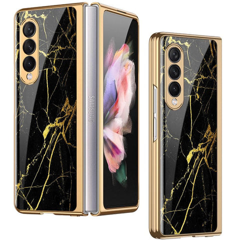 Samsung Galaxy Z Fold 3 5G Cover - Black Marble Series - Premium Electroplated Infinity Ultra Shine Glass Soft Silicon Borders Case