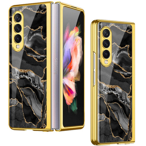 Samsung Galaxy Z Fold 4 5G Cover- Black Marble Series - Premium Electroplated Infinity Ultra Shine Glass Soft Silicon Borders Case