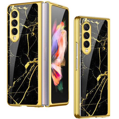 Samsung Galaxy Z Fold 4 5G Cover- Black Marble Series - Premium Electroplated Infinity Ultra Shine Glass Soft Silicon Borders Case