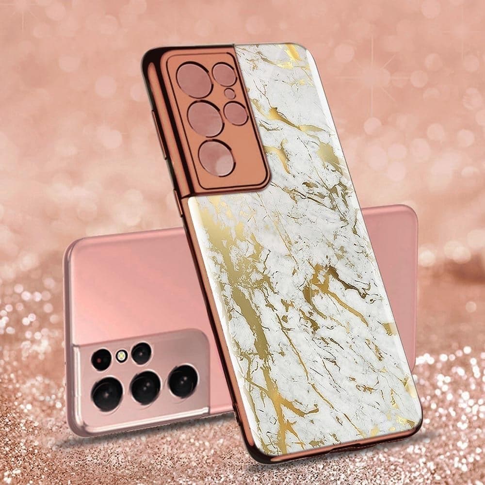 Samsung Galaxy S21 Ultra 5G Cover - White Marble Series - Premium Electroplated Infinity Ultra Shine Glass Soft Silicon Borders Case