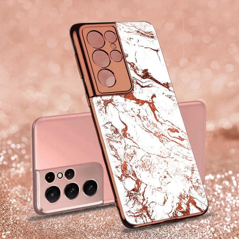 Samsung Galaxy S21 Ultra 5G Cover - White Marble Series - Premium Electroplated Infinity Ultra Shine Glass Soft Silicon Borders Case