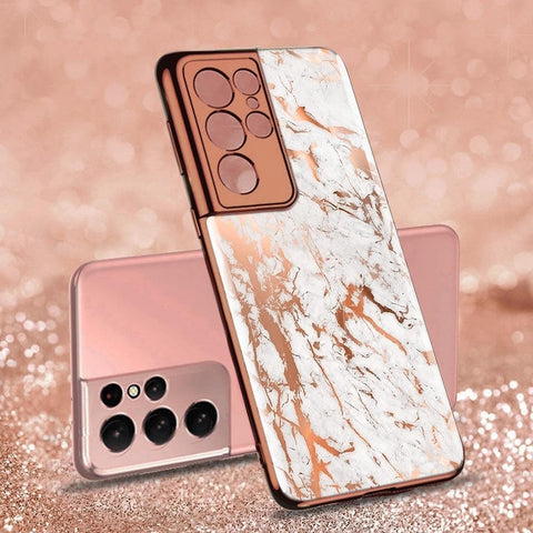 Samsung Galaxy S21 Ultra 5G Cover - White Marble Series - Premium Electroplated Infinity Ultra Shine Glass Soft Silicon Borders Case