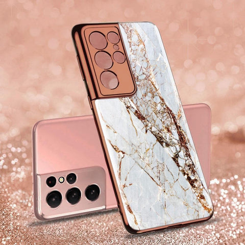 Samsung Galaxy S21 Ultra 5G Cover - White Marble Series - Premium Electroplated Infinity Ultra Shine Glass Soft Silicon Borders Case