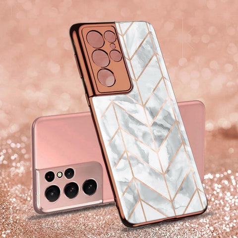 Samsung Galaxy S21 Ultra 5G Cover - White Marble Series - Premium Electroplated Infinity Ultra Shine Glass Soft Silicon Borders Case