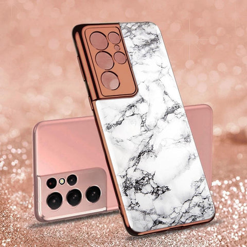 Samsung Galaxy S21 Ultra 5G Cover - White Marble Series - Premium Electroplated Infinity Ultra Shine Glass Soft Silicon Borders Case