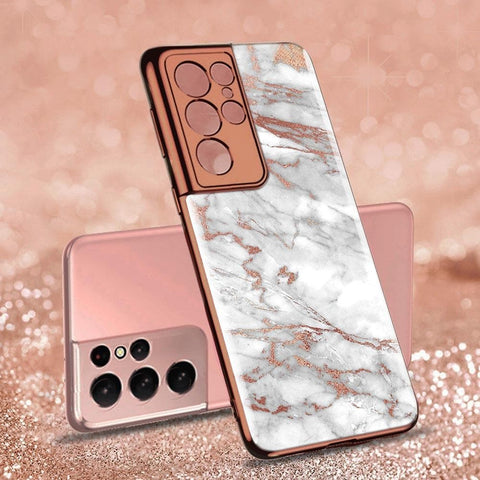 Samsung Galaxy S21 Ultra 5G Cover - White Marble Series - Premium Electroplated Infinity Ultra Shine Glass Soft Silicon Borders Case