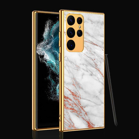 Samsung Galaxy S22 Ultra 5G Cover- White Marble Series - Premium Electroplated Infinity Ultra Shine Glass Soft Silicon Borders Case