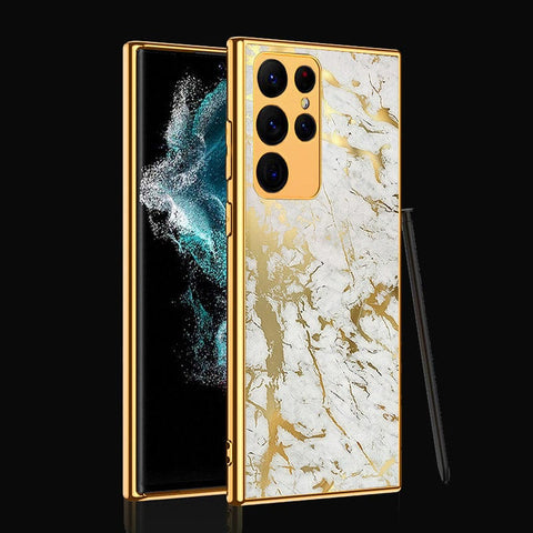 Samsung Galaxy S22 Ultra 5G Cover- White Marble Series - Premium Electroplated Infinity Ultra Shine Glass Soft Silicon Borders Case