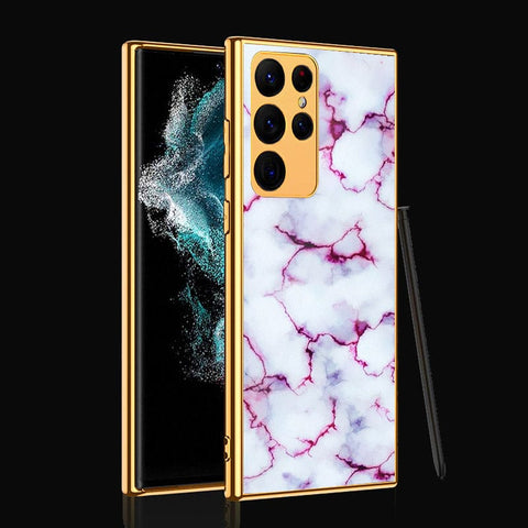 Samsung Galaxy S22 Ultra 5G Cover- White Marble Series - Premium Electroplated Infinity Ultra Shine Glass Soft Silicon Borders Case