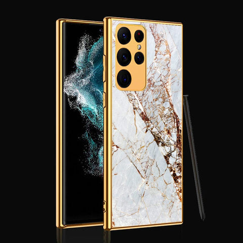 Samsung Galaxy S22 Ultra 5G Cover- White Marble Series - Premium Electroplated Infinity Ultra Shine Glass Soft Silicon Borders Case