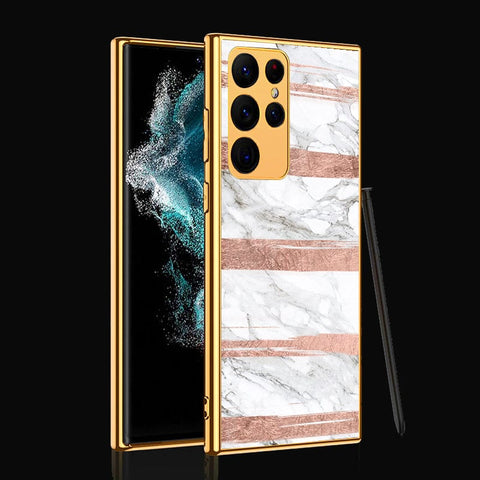 Samsung Galaxy S22 Ultra 5G Cover- White Marble Series - Premium Electroplated Infinity Ultra Shine Glass Soft Silicon Borders Case