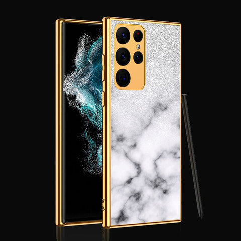 Samsung Galaxy S22 Ultra 5G Cover- White Marble Series - Premium Electroplated Infinity Ultra Shine Glass Soft Silicon Borders Case
