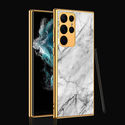 Samsung Galaxy S22 Ultra 5G Cover- White Marble Series - Premium Electroplated Infinity Ultra Shine Glass Soft Silicon Borders Case