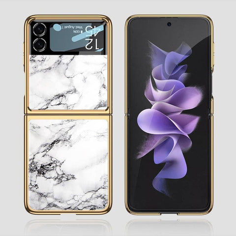Samsung Galaxy Z Flip 3 5G Cover - White Marble Series - Premium Electroplated Infinity Ultra Shine Glass Soft Silicon Borders Case
