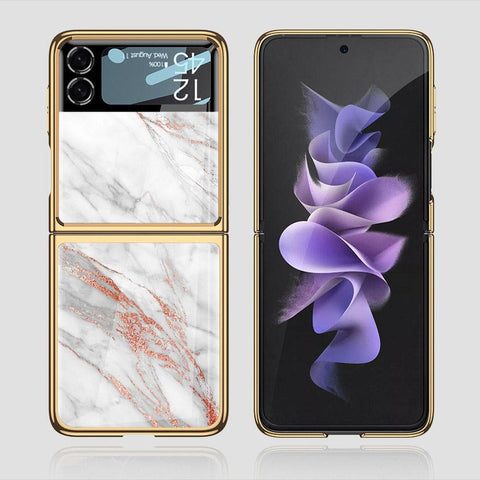 Samsung Galaxy Z Flip 3 5G Cover - White Marble Series - Premium Electroplated Infinity Ultra Shine Glass Soft Silicon Borders Case