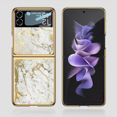 Samsung Galaxy Z Flip 3 5G Cover - White Marble Series - Premium Electroplated Infinity Ultra Shine Glass Soft Silicon Borders Case