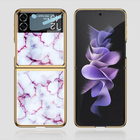 Samsung Galaxy Z Flip 3 5G Cover - White Marble Series - Premium Electroplated Infinity Ultra Shine Glass Soft Silicon Borders Case
