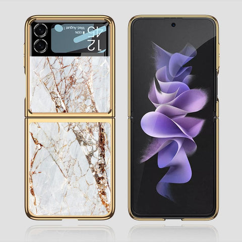 Samsung Galaxy Z Flip 3 5G Cover - White Marble Series - Premium Electroplated Infinity Ultra Shine Glass Soft Silicon Borders Case