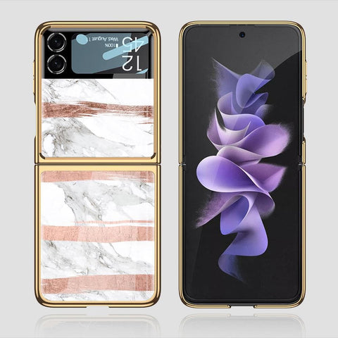 Samsung Galaxy Z Flip 3 5G Cover - White Marble Series - Premium Electroplated Infinity Ultra Shine Glass Soft Silicon Borders Case