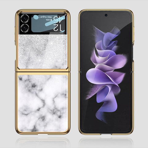 Samsung Galaxy Z Flip 3 5G Cover - White Marble Series - Premium Electroplated Infinity Ultra Shine Glass Soft Silicon Borders Case