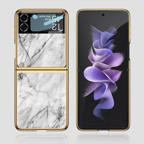 Samsung Galaxy Z Flip 3 5G Cover - White Marble Series - Premium Electroplated Infinity Ultra Shine Glass Soft Silicon Borders Case