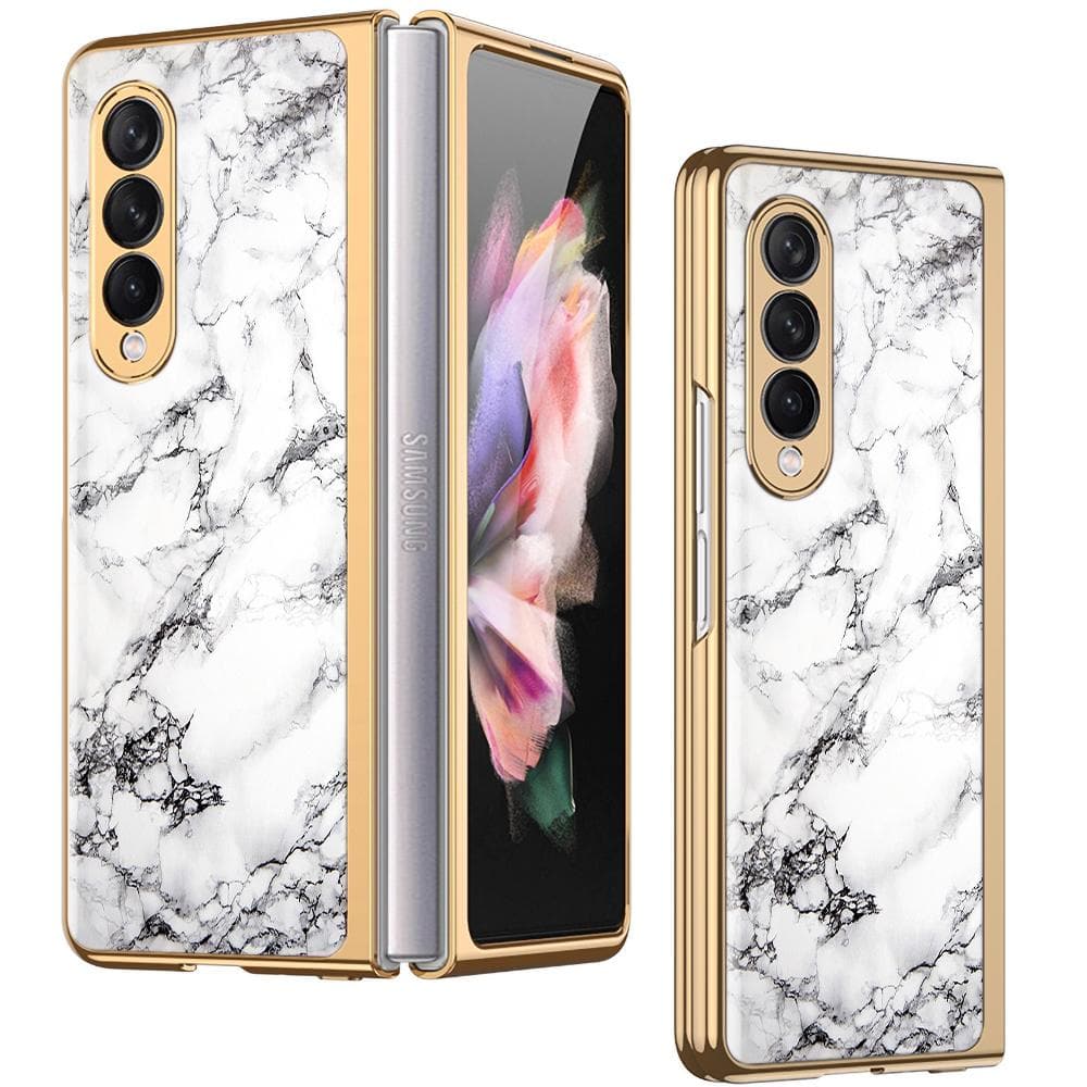 Samsung Galaxy Z Fold 3 5G Cover - White Marble Series - Premium Electroplated Infinity Ultra Shine Glass Soft Silicon Borders Case