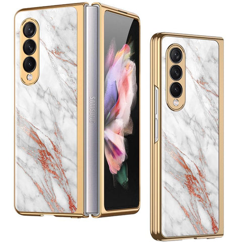Samsung Galaxy Z Fold 3 5G Cover - White Marble Series - Premium Electroplated Infinity Ultra Shine Glass Soft Silicon Borders Case
