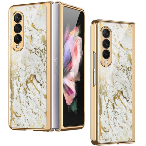 Samsung Galaxy Z Fold 3 5G Cover - White Marble Series - Premium Electroplated Infinity Ultra Shine Glass Soft Silicon Borders Case