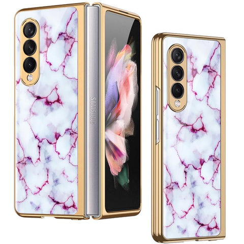 Samsung Galaxy Z Fold 3 5G Cover - White Marble Series - Premium Electroplated Infinity Ultra Shine Glass Soft Silicon Borders Case