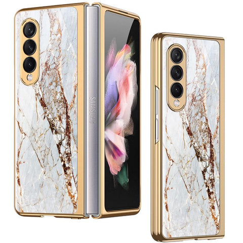 Samsung Galaxy Z Fold 3 5G Cover - White Marble Series - Premium Electroplated Infinity Ultra Shine Glass Soft Silicon Borders Case