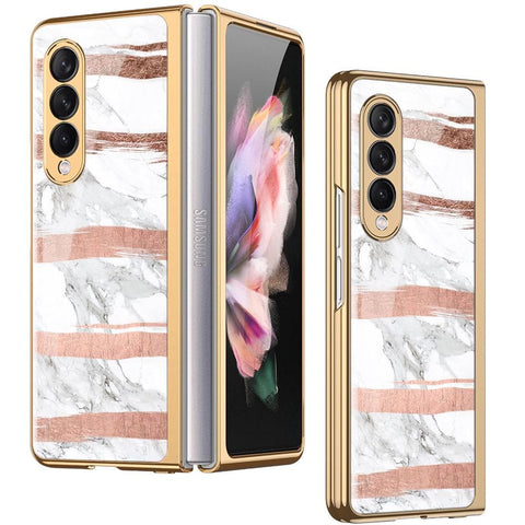 Samsung Galaxy Z Fold 3 5G Cover - White Marble Series - Premium Electroplated Infinity Ultra Shine Glass Soft Silicon Borders Case
