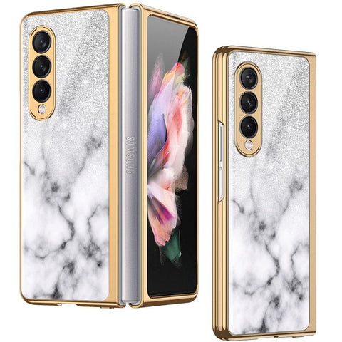Samsung Galaxy Z Fold 3 5G Cover - White Marble Series - Premium Electroplated Infinity Ultra Shine Glass Soft Silicon Borders Case