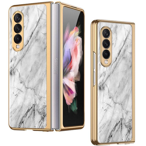 Samsung Galaxy Z Fold 3 5G Cover - White Marble Series - Premium Electroplated Infinity Ultra Shine Glass Soft Silicon Borders Case