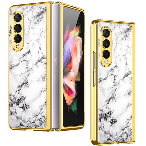Samsung Galaxy Z Fold 4 5G Cover- White Marble Series - Premium Electroplated Infinity Ultra Shine Glass Soft Silicon Borders Case