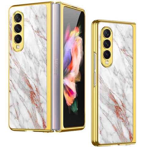 Samsung Galaxy Z Fold 4 5G Cover- White Marble Series - Premium Electroplated Infinity Ultra Shine Glass Soft Silicon Borders Case