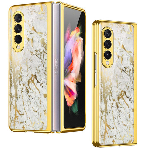 Samsung Galaxy Z Fold 4 5G Cover- White Marble Series - Premium Electroplated Infinity Ultra Shine Glass Soft Silicon Borders Case