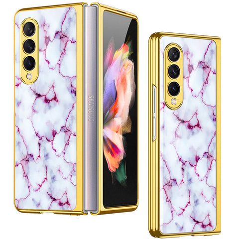 Samsung Galaxy Z Fold 4 5G Cover- White Marble Series - Premium Electroplated Infinity Ultra Shine Glass Soft Silicon Borders Case