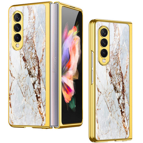 Samsung Galaxy Z Fold 4 5G Cover- White Marble Series - Premium Electroplated Infinity Ultra Shine Glass Soft Silicon Borders Case