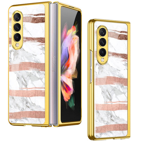 Samsung Galaxy Z Fold 4 5G Cover- White Marble Series - Premium Electroplated Infinity Ultra Shine Glass Soft Silicon Borders Case